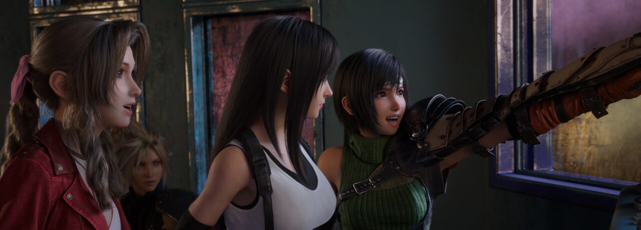 Aerith, Tifa, and Yuffie smiling and looking out of a window.