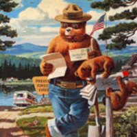 Smokey Bear leans on his mailbox and reads a letter.