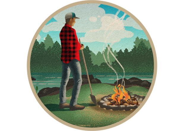 Man with Shovel Near Campfire