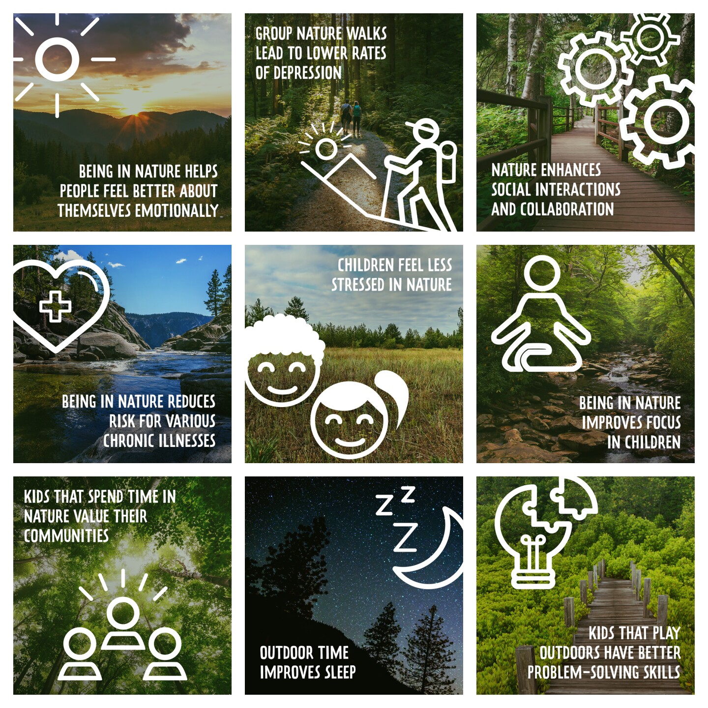 Images and copy that showcase the many health benefits one can find in nature like reduced stress