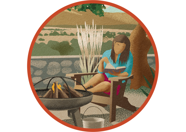 An illustration shows a woman reading a book sitting next to an outdoor fire pit. Next to the fire pit is a bucket of water.