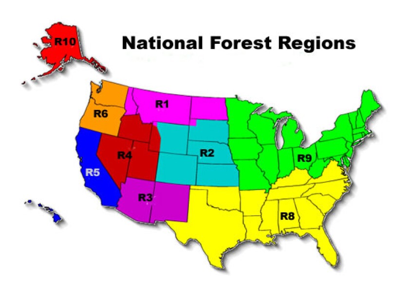 A map of the United States is broken into 10 National Forest Regions.